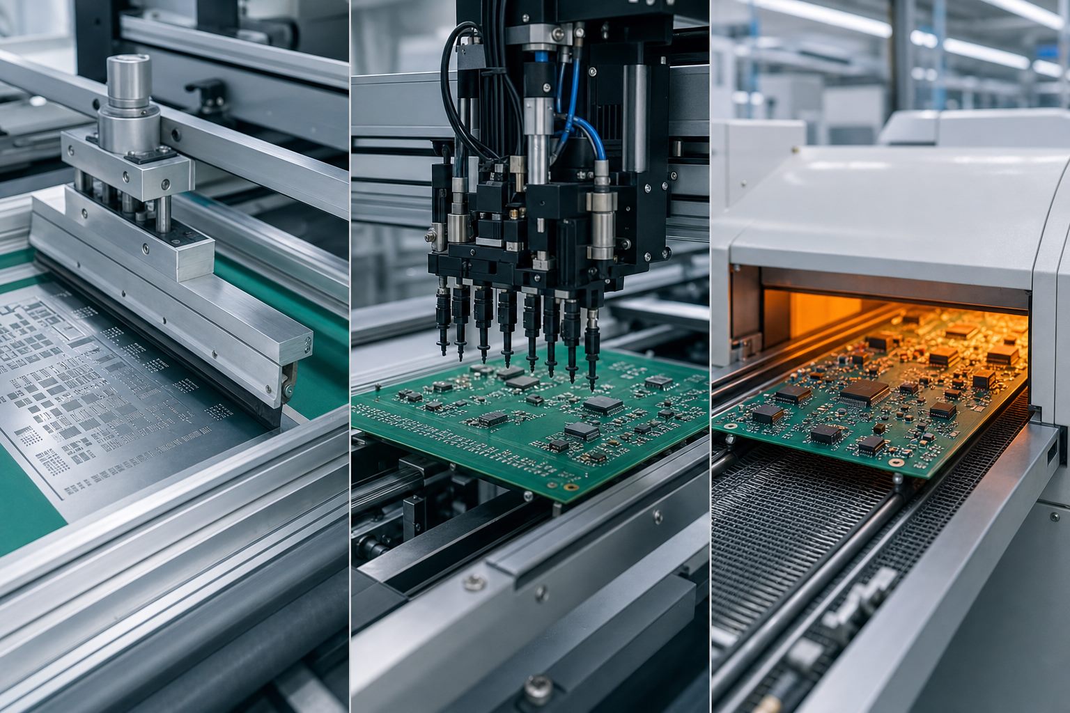 SMT line showing solder paste printing, SMD placement and reflow soldering