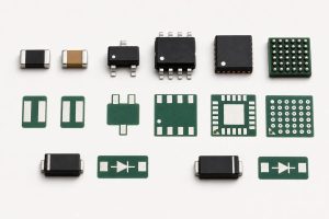 Common SMD package families shown beside their matching PCB land patterns and polarity marks