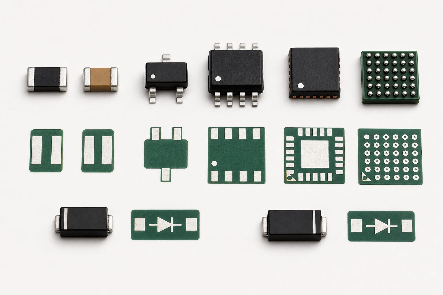 Common SMD package families shown beside their matching PCB land patterns and polarity marks