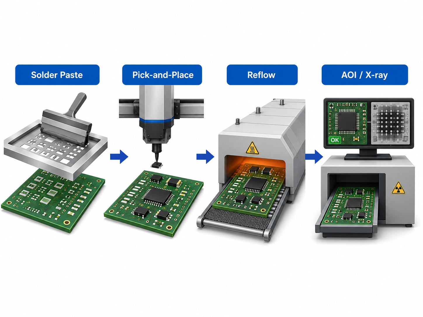 Surface mount technology process from solder paste to inspection
