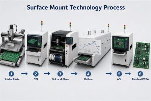 Surface mount technology process from solder paste printing and SPI through placement, reflow, AOI and finished PCBA