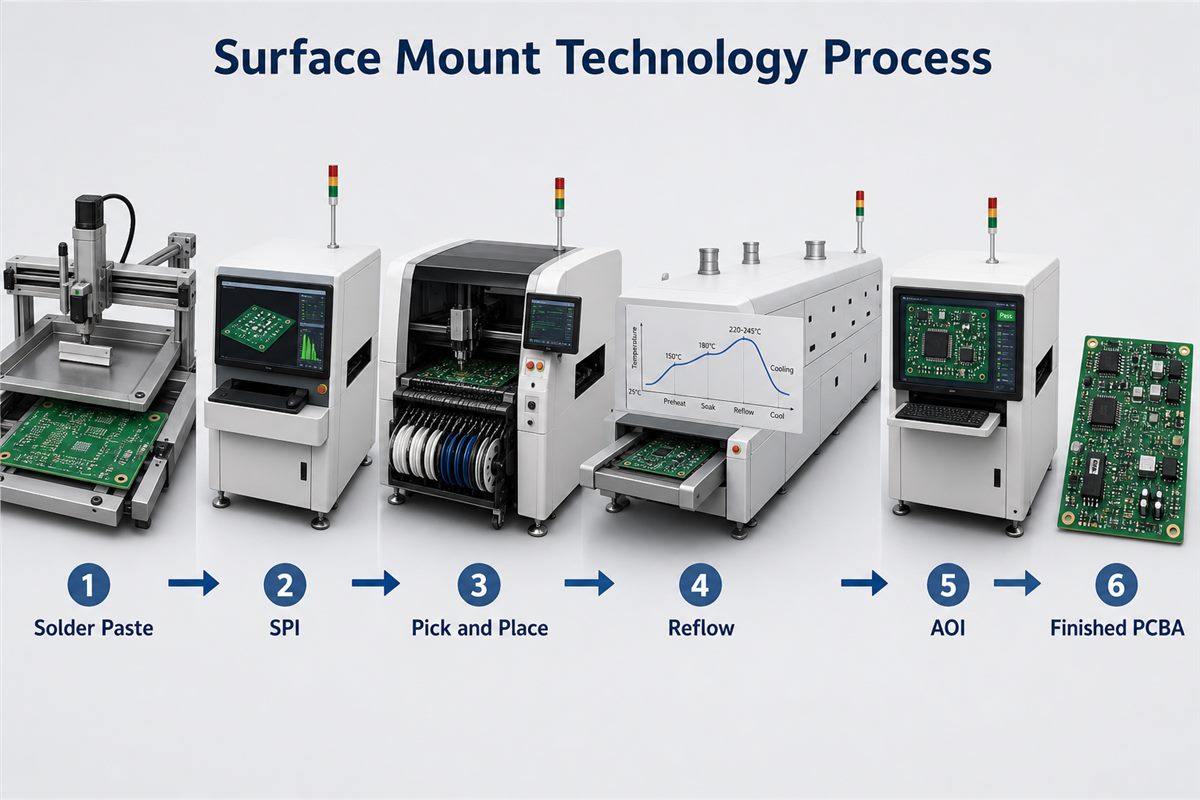 Surface mount technology process from solder paste printing and SPI through placement, reflow, AOI and finished PCBA