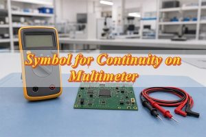 Symbol for continuity on multimeter beside a printed circuit board on an electronics test bench
