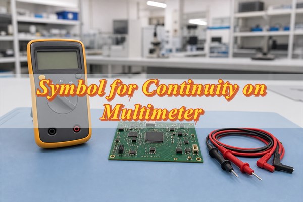 Symbol for continuity on multimeter beside a printed circuit board on an electronics test bench