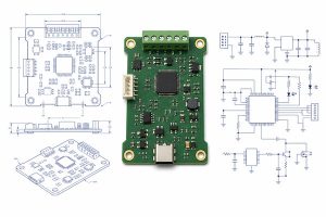 Comparison of a dimensional PCB technical drawing and an electrical schematic