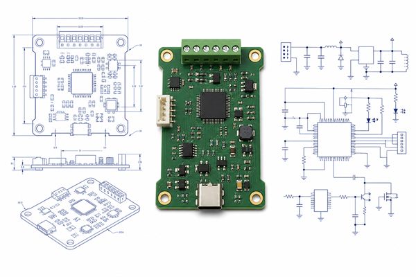 Comparison of a dimensional PCB technical drawing and an electrical schematic