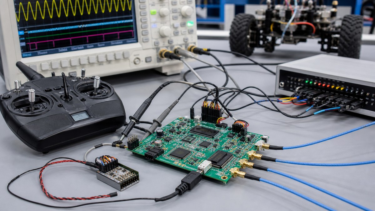 Teleoperation PCB signal validation with oscilloscope, RF cables and remote-control hardware