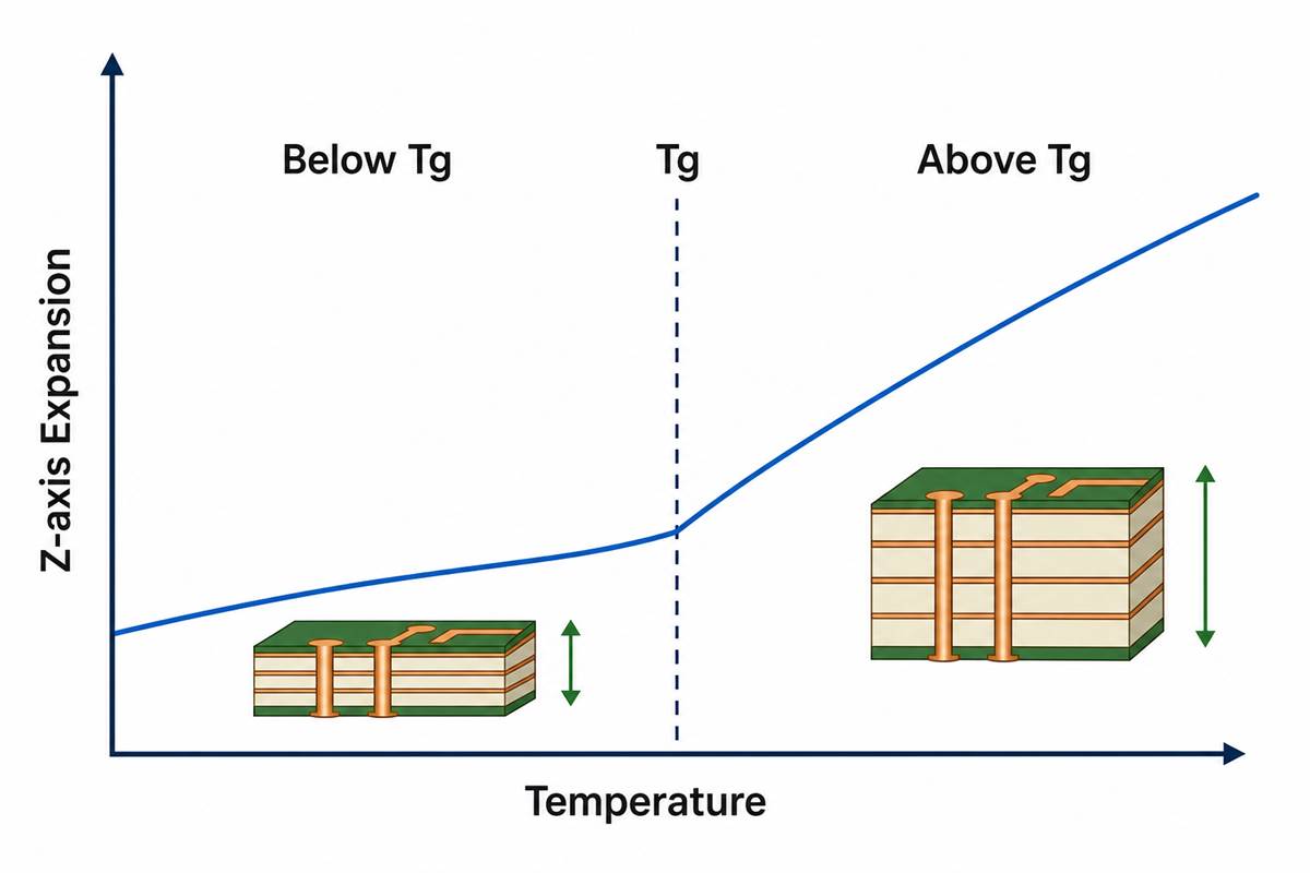 Engineering graph showing PCB laminate behavior below and above glass transition temperature