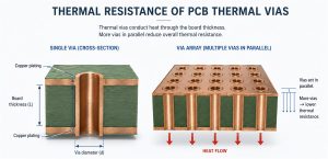 Thermal resistance calculation for one plated PCB via and an array of vias acting in parallel