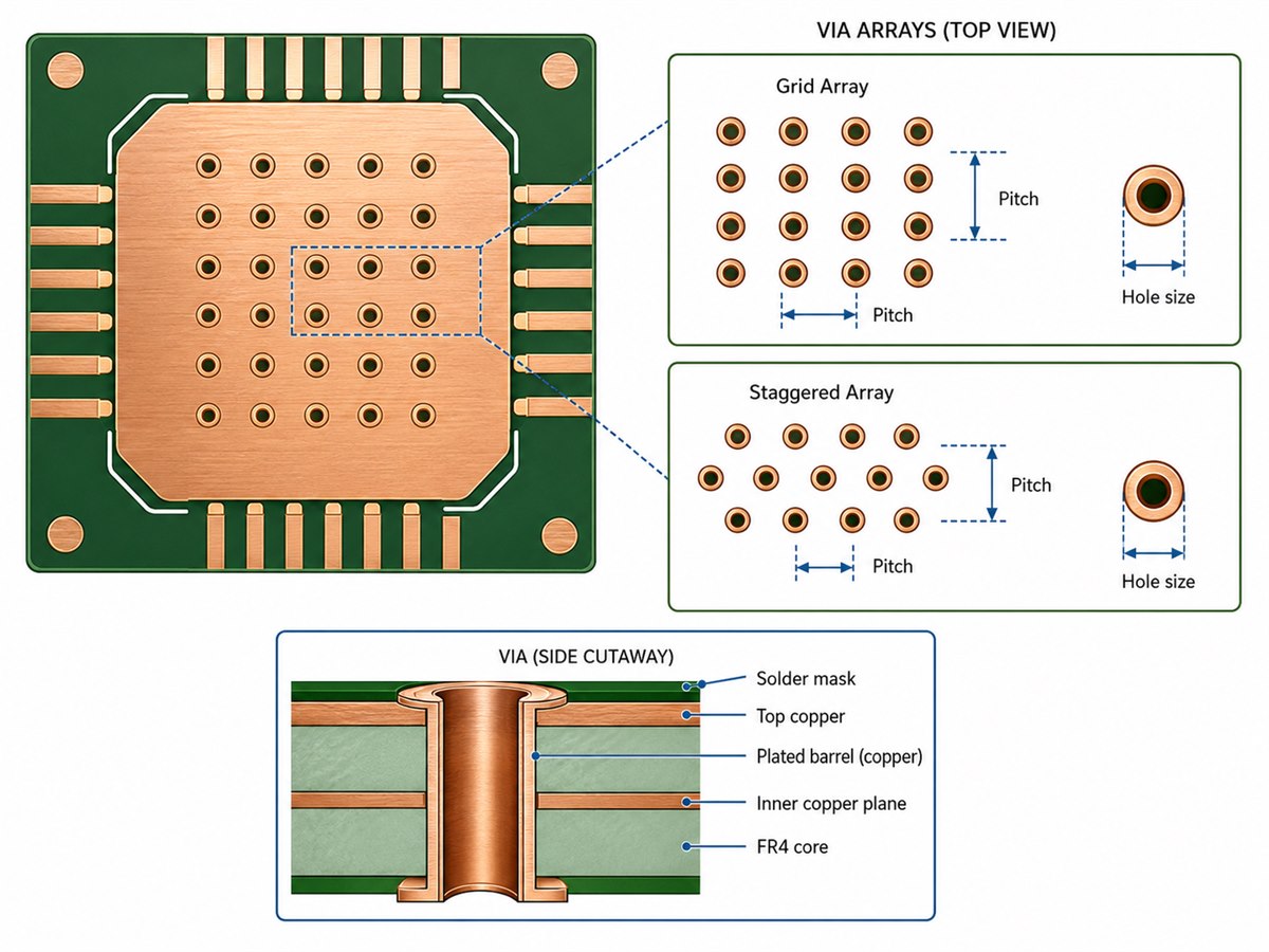 Top-view grid and staggered thermal via arrays with callouts for via hole size, pitch and plated barrel construction