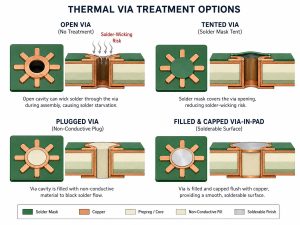 Comparison of open, tented, plugged, and filled and capped thermal via treatment options