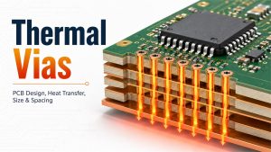 Thermal vias in a multilayer PCB transferring heat from a component into internal and bottom copper layers