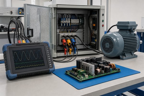 Power analyzer, motor control cabinet, induction motor, and power electronics PCB in a controlled laboratory setup