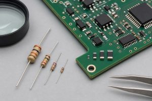 Through-hole resistors and several SMD resistor package sizes beside a PCB