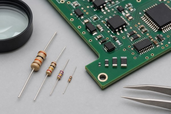 Through-hole resistors and several SMD resistor package sizes beside a PCB