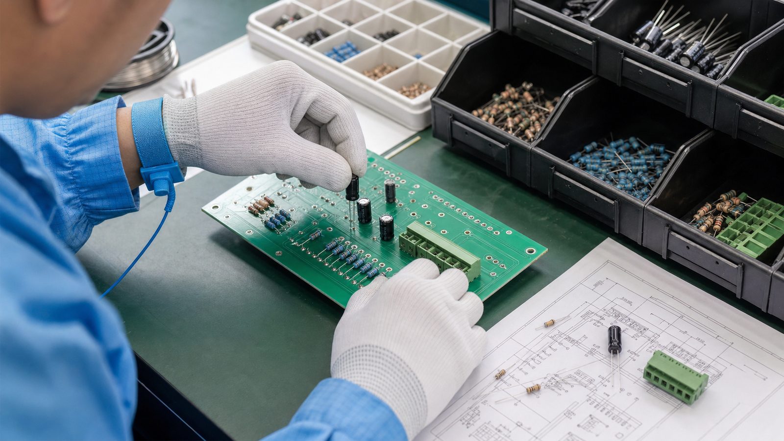 Operator inserting leaded components into a custom through-hole PCB