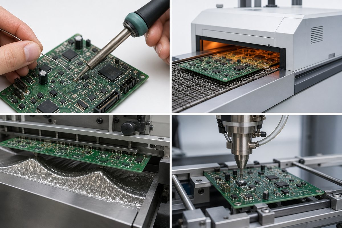 Types of PCB Soldering including manual, reflow, wave and selective soldering