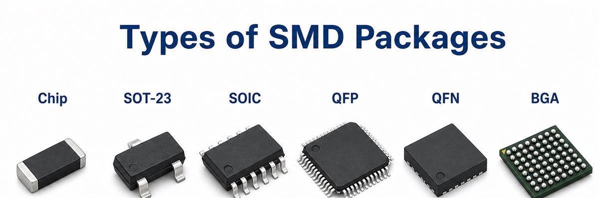 Types of SMD packages including chip, SOT-23, SOIC, QFP, QFN and BGA