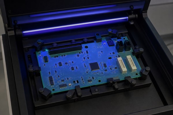 UV inspection of circuit board conformal coating coverage in a quality fixture