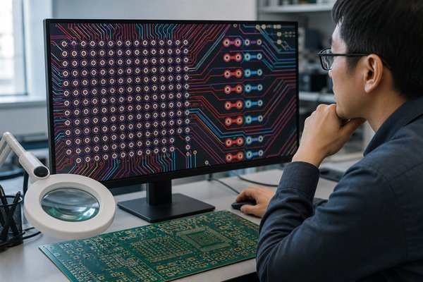 Engineer comparing VIPPO and dog-bone fanout for a BGA PCB layout