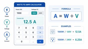 Watts to amps calculator showing 1500 watts at 120V and 240V
