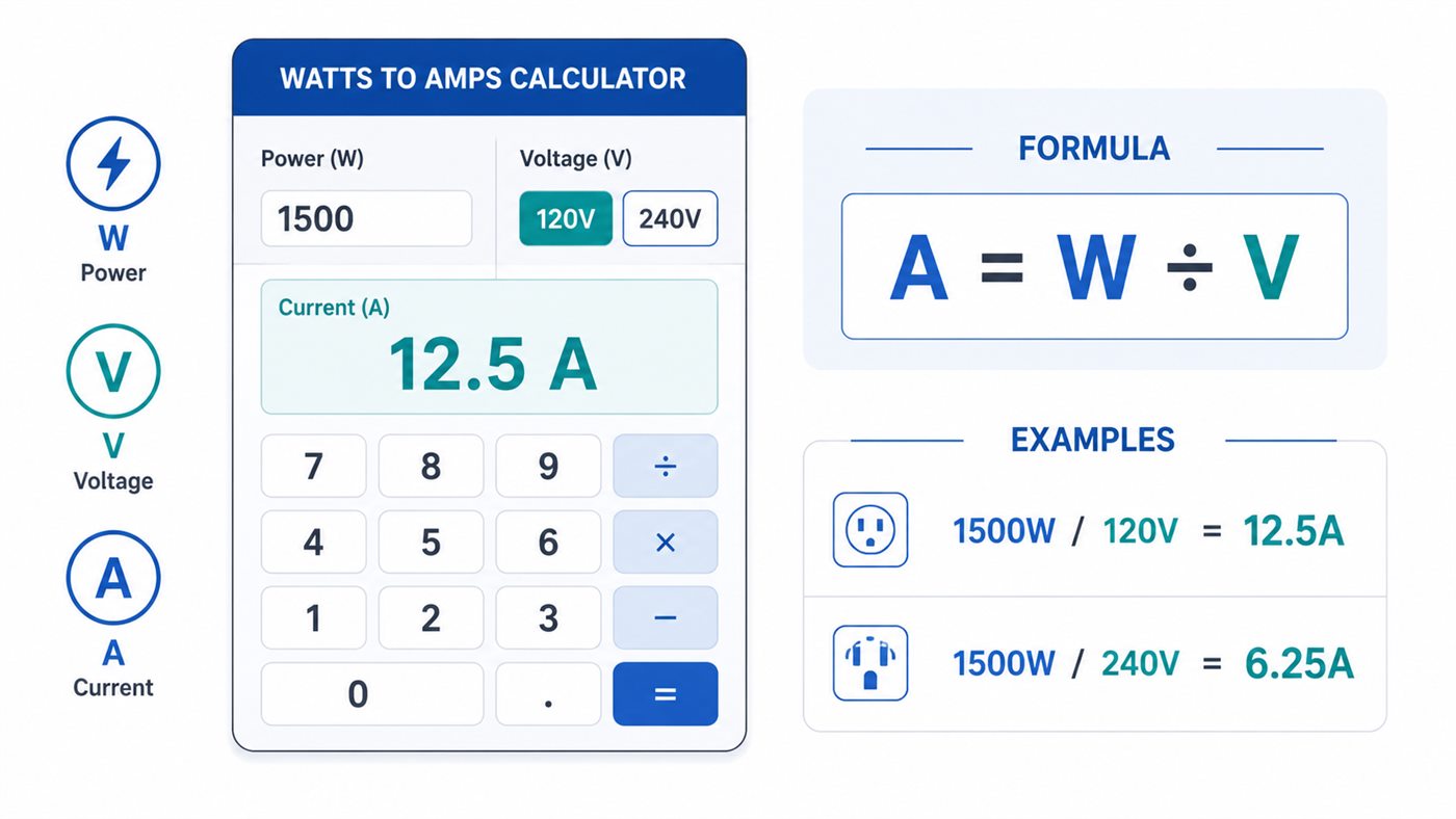 Watts to amps calculator showing 1500 watts at 120V and 240V