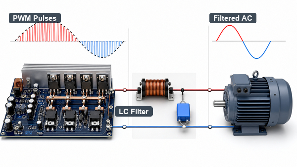 PWM pulses filtered into an inverter sine wave output