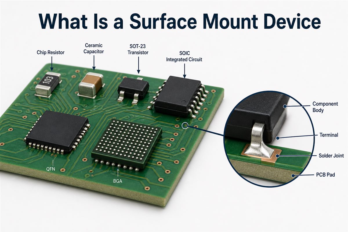 What is a surface mount device shown with common SMD components and a solder joint detail