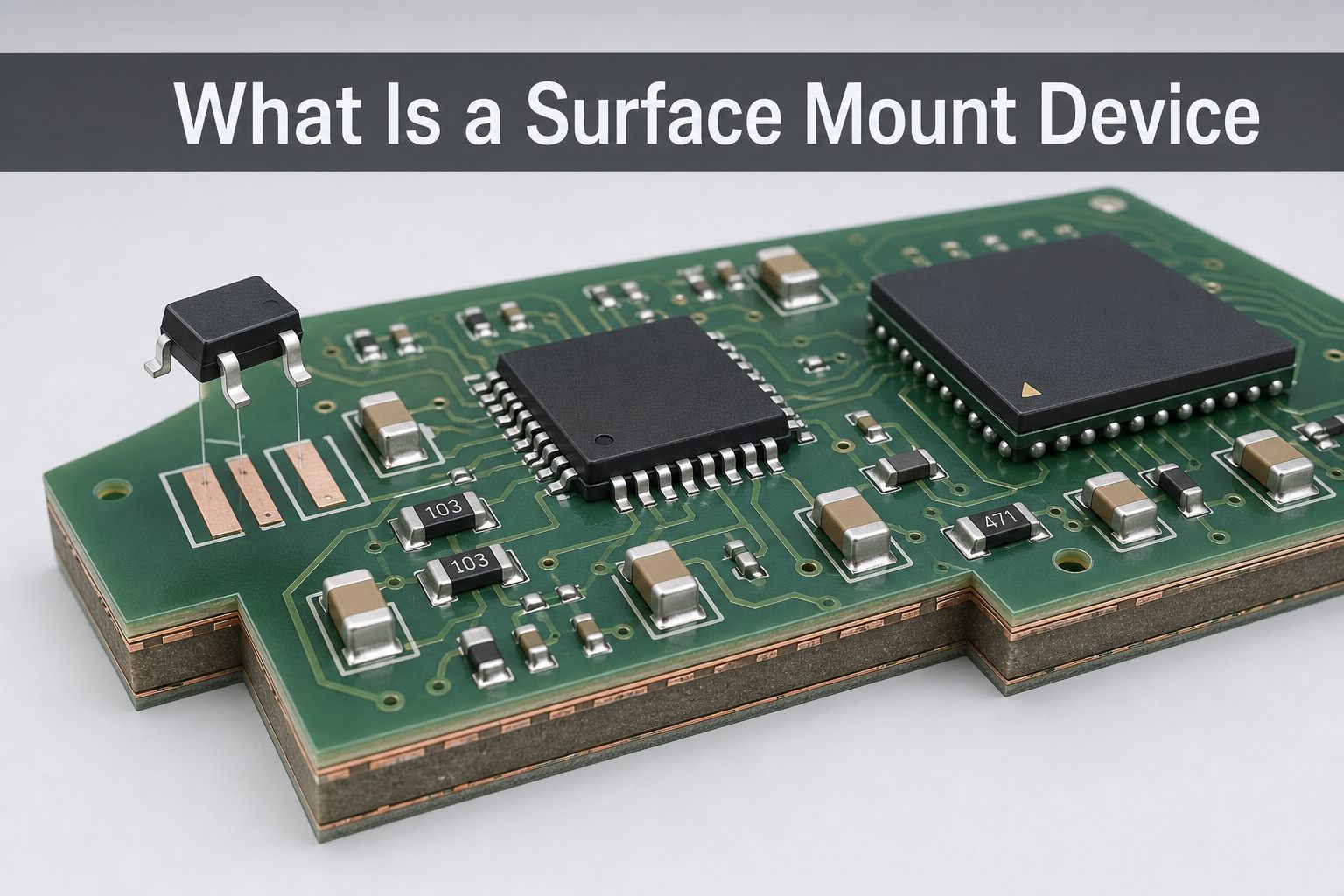 3D view of surface mount devices attached to copper pads on a populated PCB