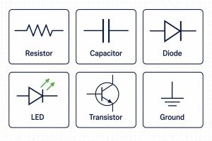 Common schematic symbols for resistor, capacitor, diode, LED, transistor, and ground