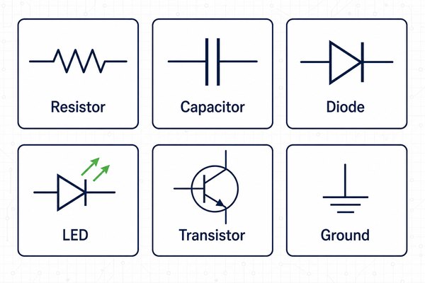 Common schematic symbols for resistor, capacitor, diode, LED, transistor, and ground