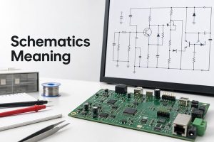 Schematics Meaning shown beside an electronic circuit diagram and populated PCB