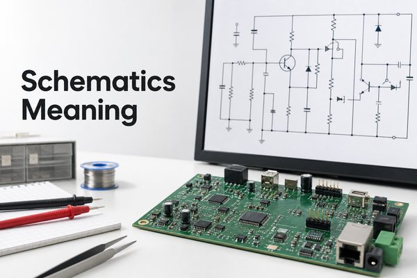 Schematics Meaning shown beside an electronic circuit diagram and populated PCB