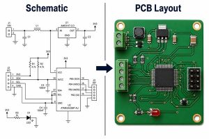 Comparison between an electronic schematic and the corresponding PCB layout