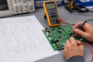 Engineer using a schematic diagram and multimeter to troubleshoot an assembled PCB