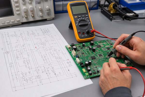 Engineer using a schematic diagram and multimeter to troubleshoot an assembled PCB
