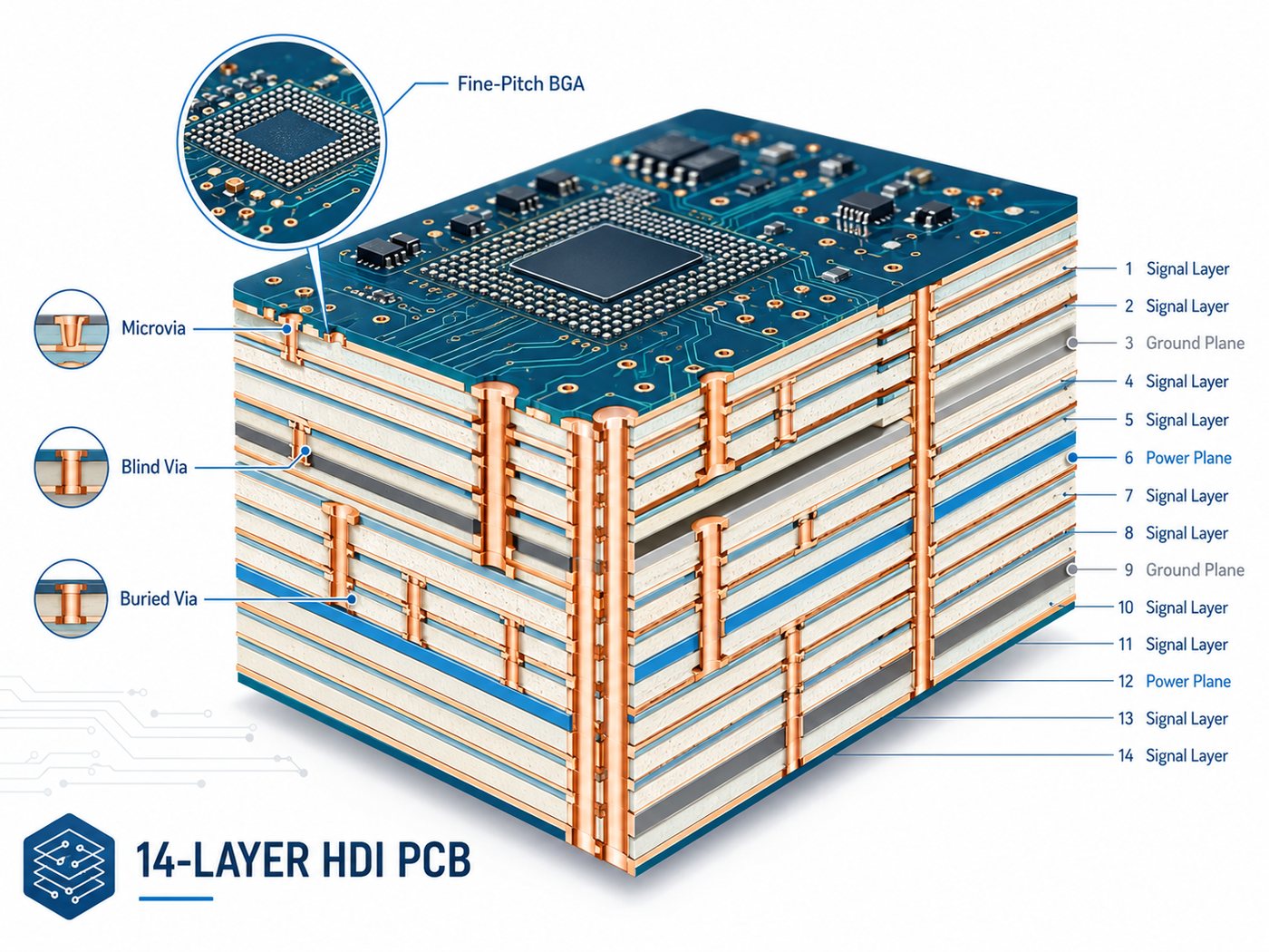 14-layer HDI PCB cutaway showing microvias, blind vias, buried vias, signal layers, ground planes and power planes