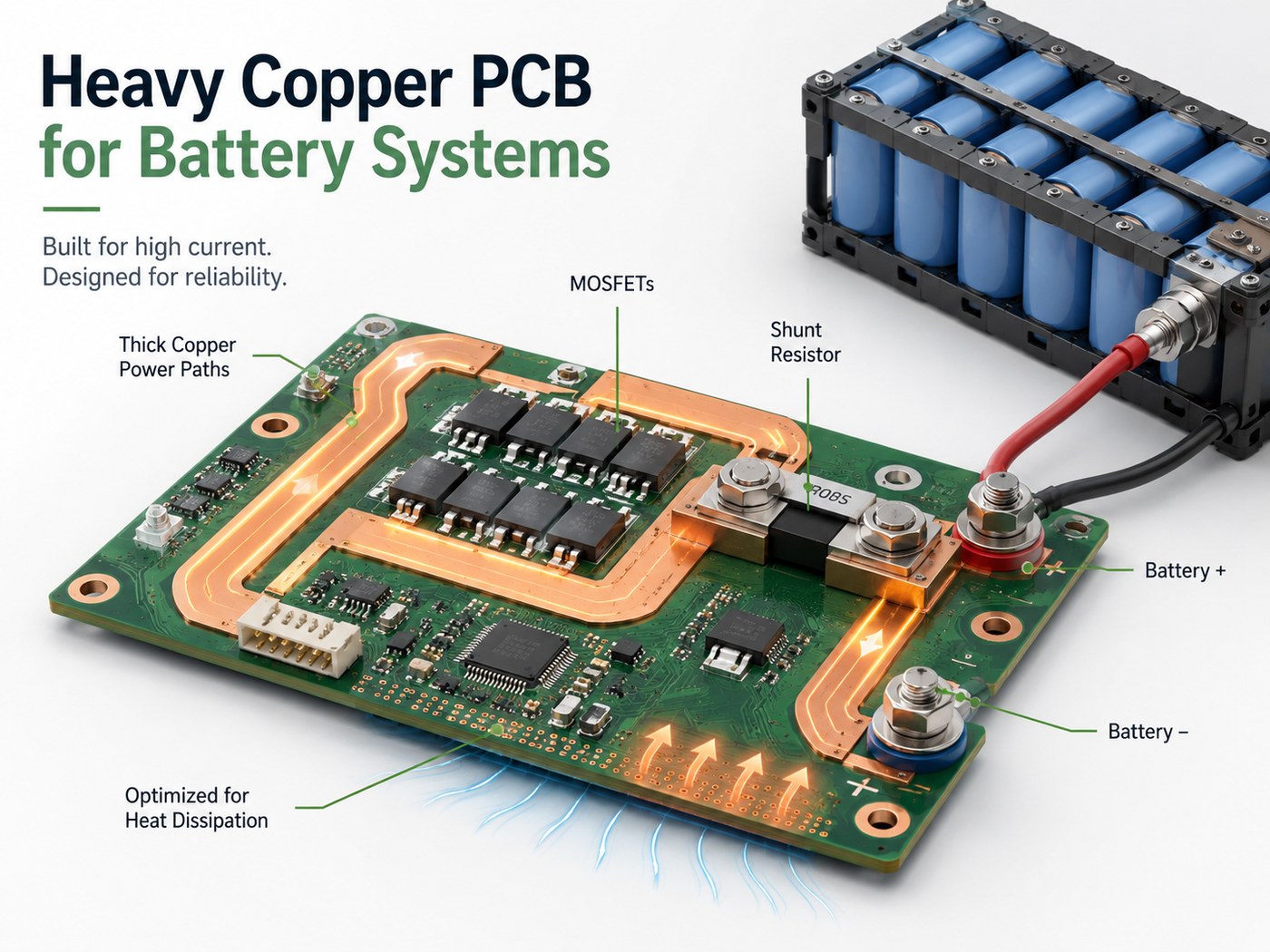 Heavy copper PCB for battery systems with thick copper power paths, MOSFETs, shunt resistor, and battery terminals