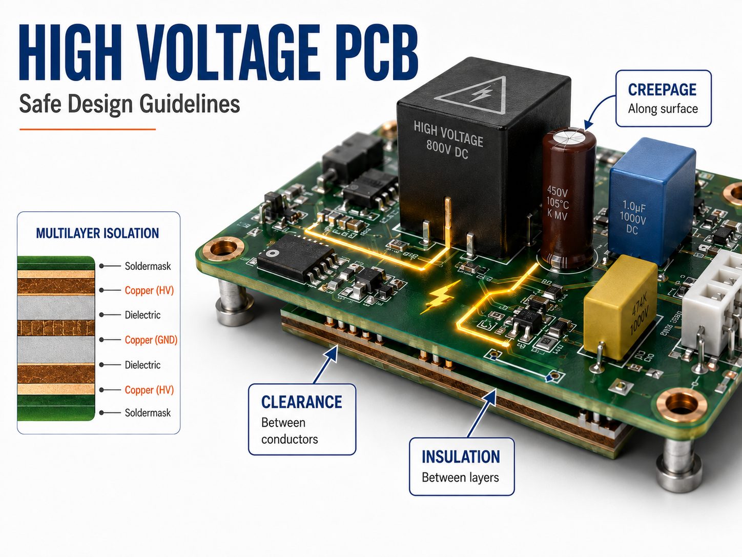 High voltage PCB design guidelines showing creepage, clearance, insulation, and multilayer isolation