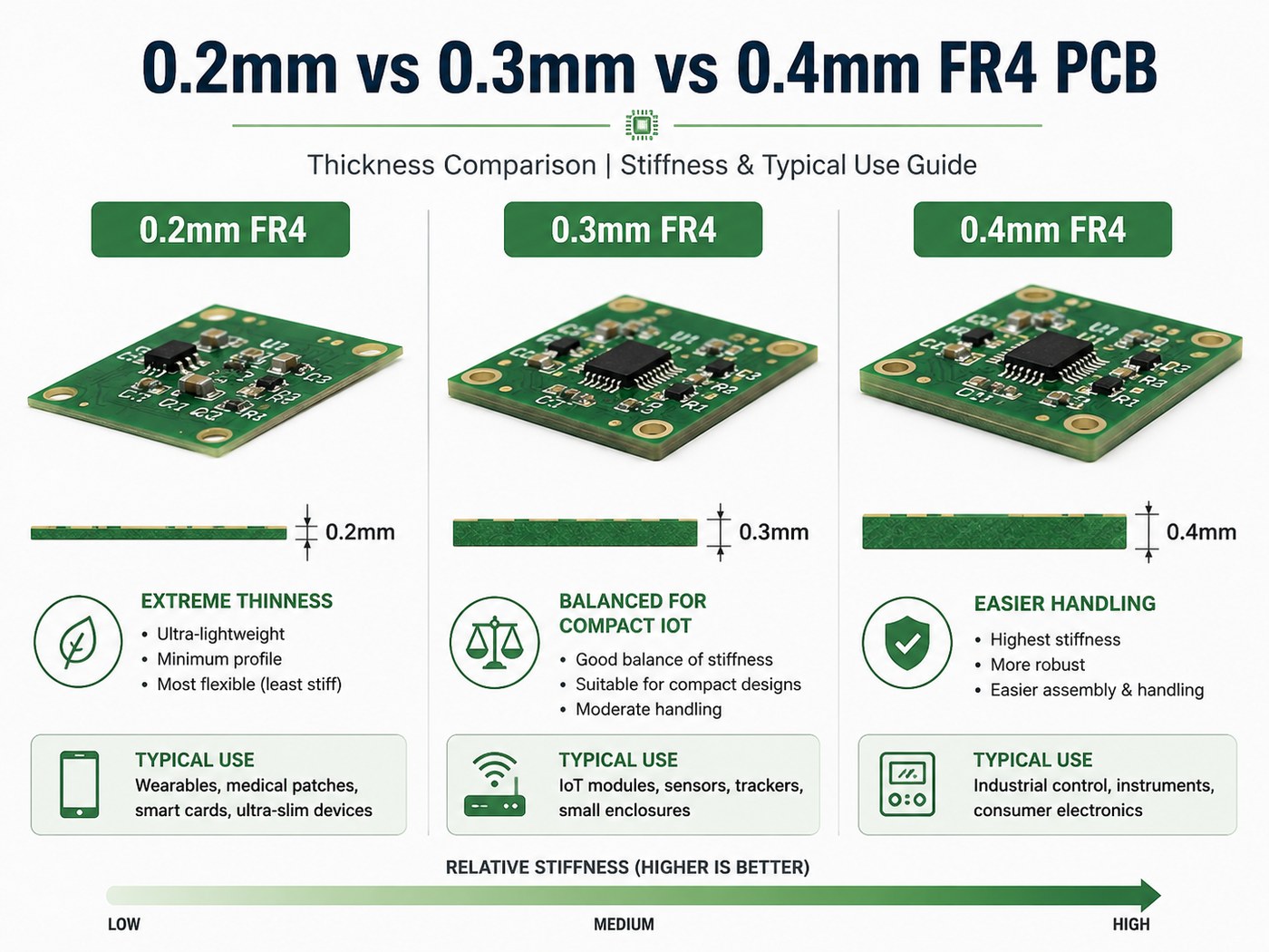 Comparison of 0.2mm 0.3mm and 0.4mm FR4 PCB thickness and stiffness