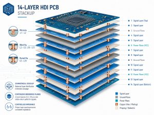 Exploded 14-layer HDI PCB stackup showing signal layers, ground planes, power planes, microvias and blind vias