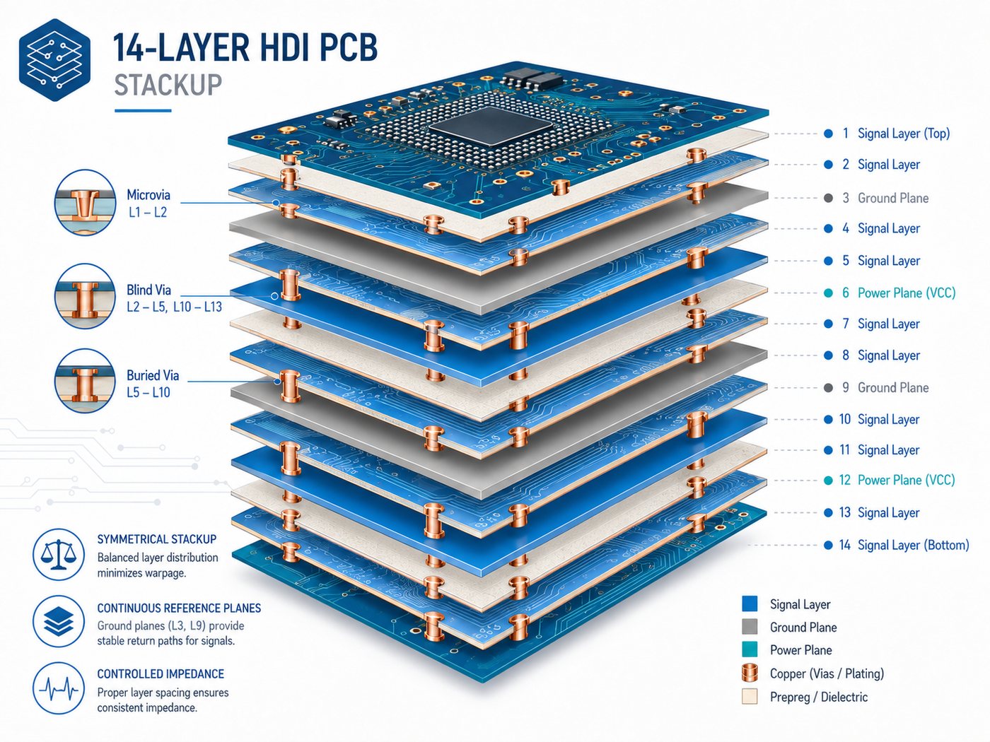 Exploded 14-layer HDI PCB stackup showing signal layers, ground planes, power planes, microvias and blind vias