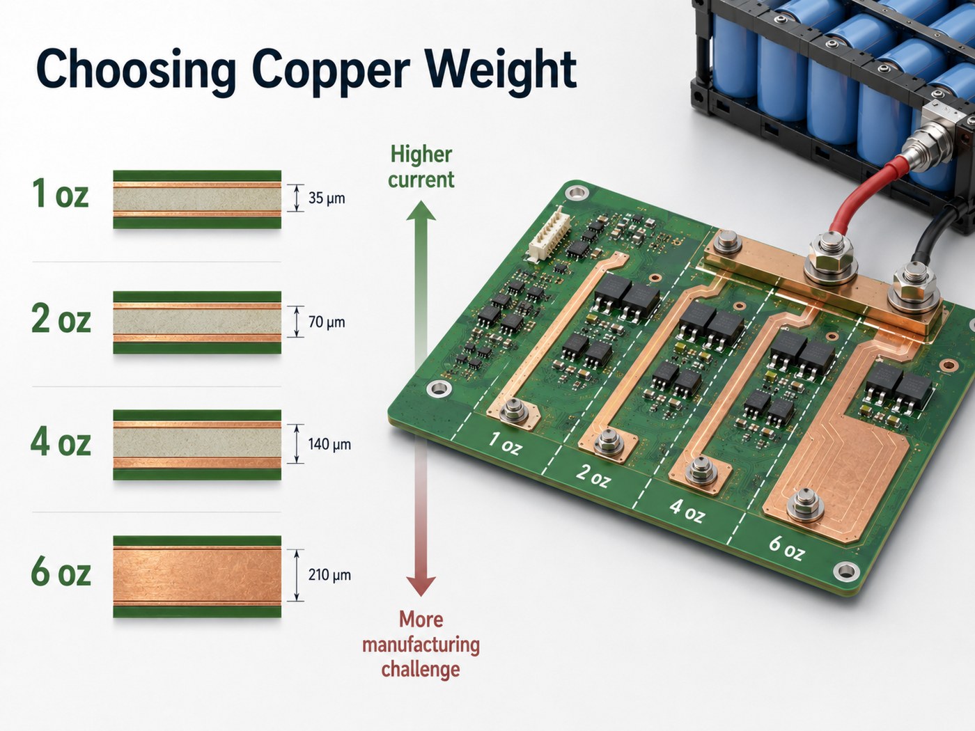 Comparison of 1 oz, 2 oz, 4 oz, and 6 oz copper weight for battery PCB design