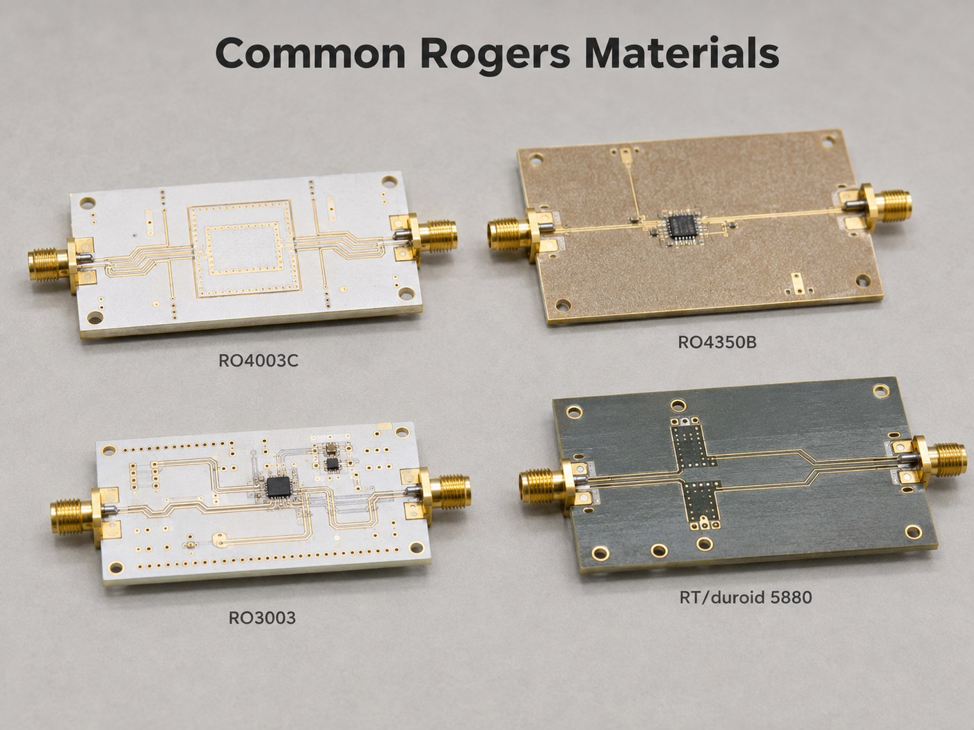 Common Rogers PCB materials including RO4003C, RO4350B, RO3003 and RT duroid 5880