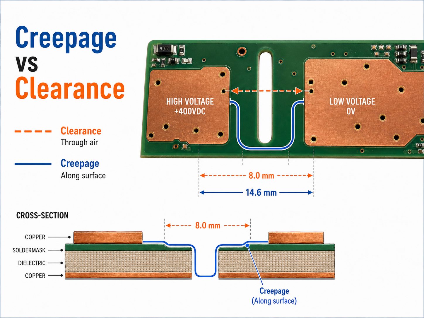 Creepage versus clearance on a high voltage PCB with isolation slot and cross-section