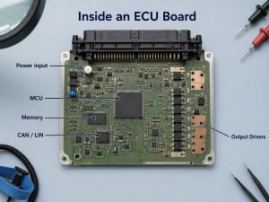 Main functional components inside an automotive ECU board