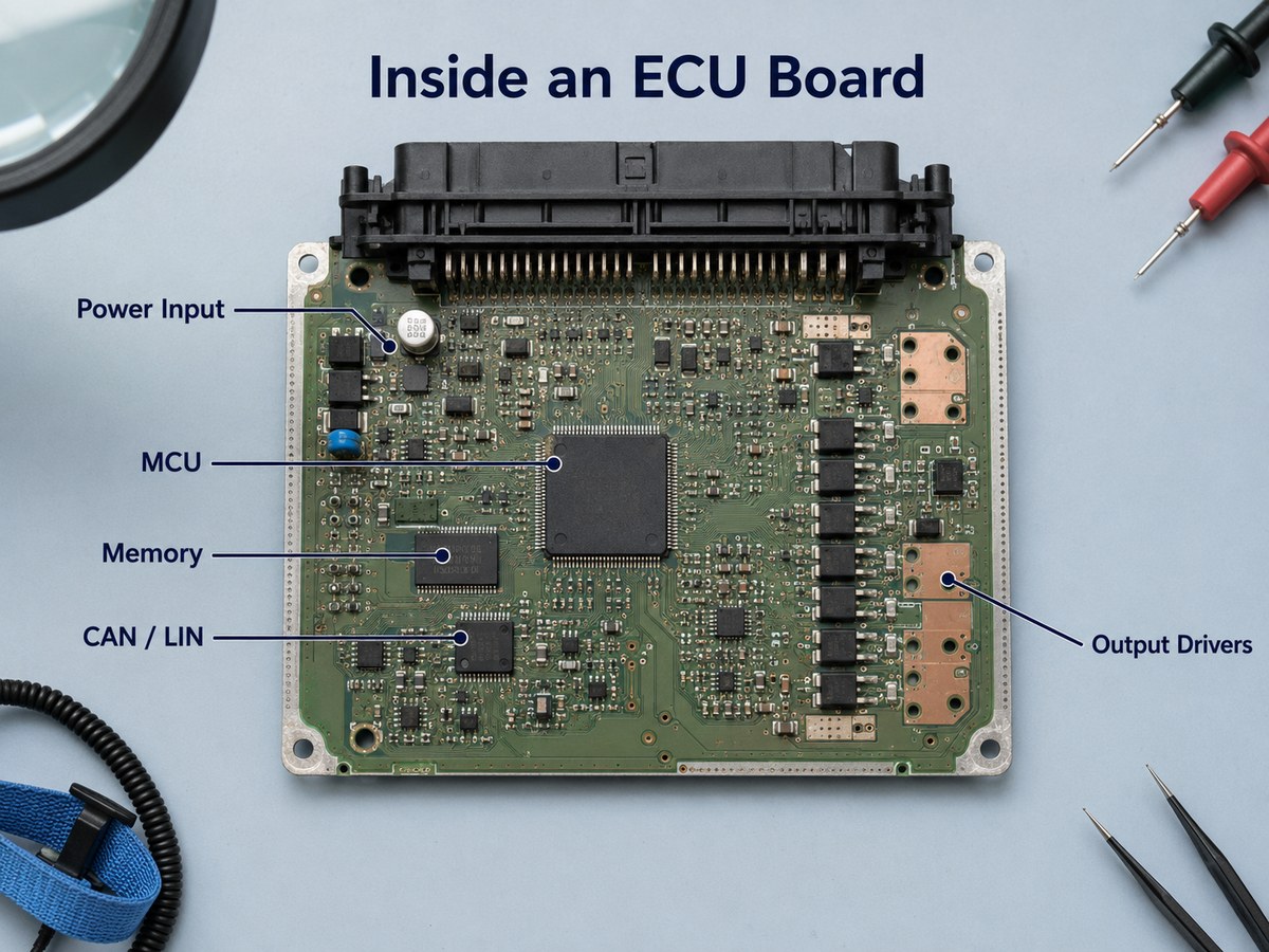 Main functional components inside an automotive ECU board