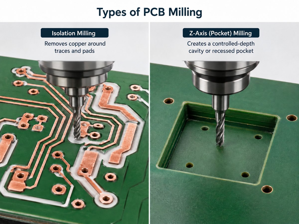 Types of PCB milling showing isolation milling and controlled-depth Z-axis pocket milling
