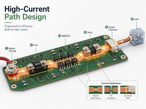 High-current battery PCB current path from battery terminal through fuse, MOSFETs, shunt, output connector, and load