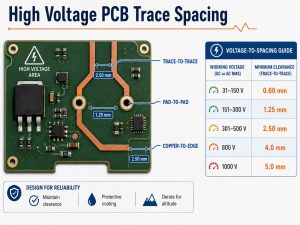 High voltage PCB trace spacing infographic with voltage-to-spacing guide